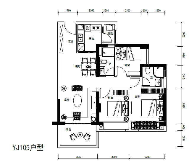 YJ105户型三房两厅户型